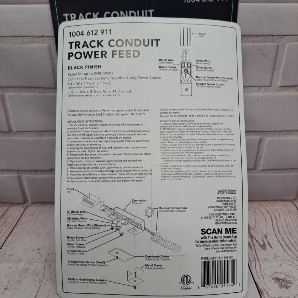 (2- Pack) Hampton Bay Track Lighting Conduit Power Feed Black 2400W 1004 612 911 - Picture 5 of 8